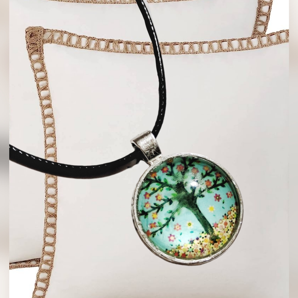 🌲10/$20. Tree Half Dome Glass Pendant with Black Cord Necklace - Picture 3 of 3